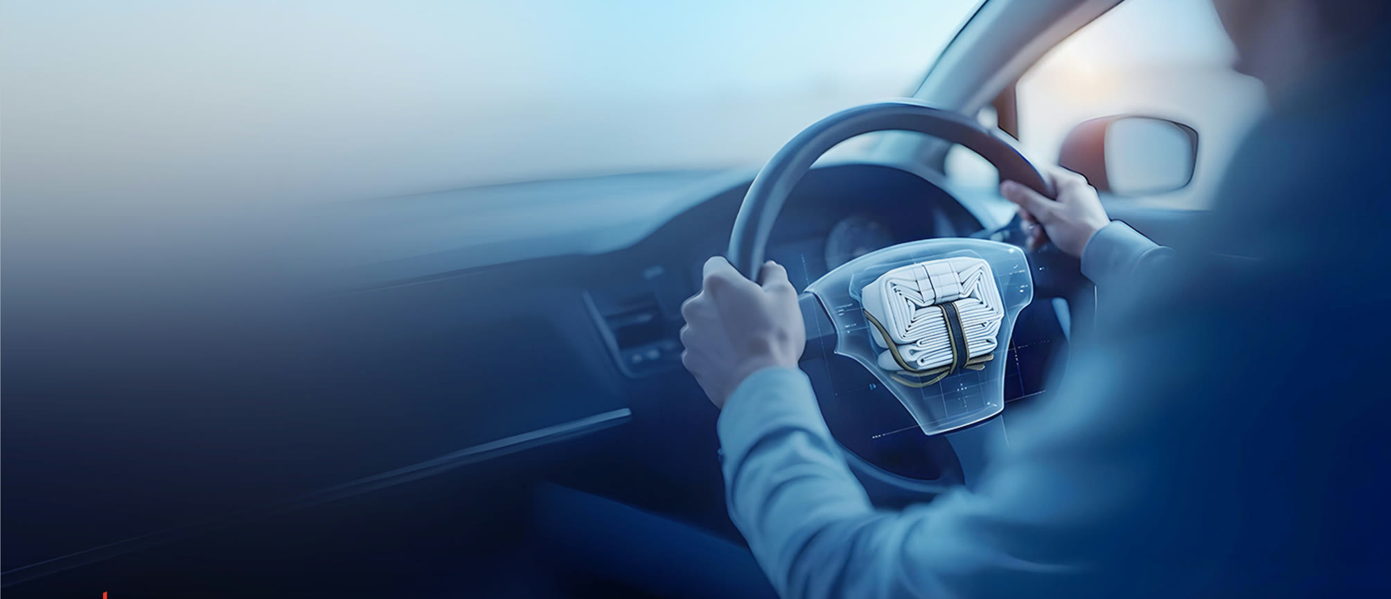 A driver's hands on the wheel with an airbag deployment visualization - SmartValves stays in the background, ready the moment it matters